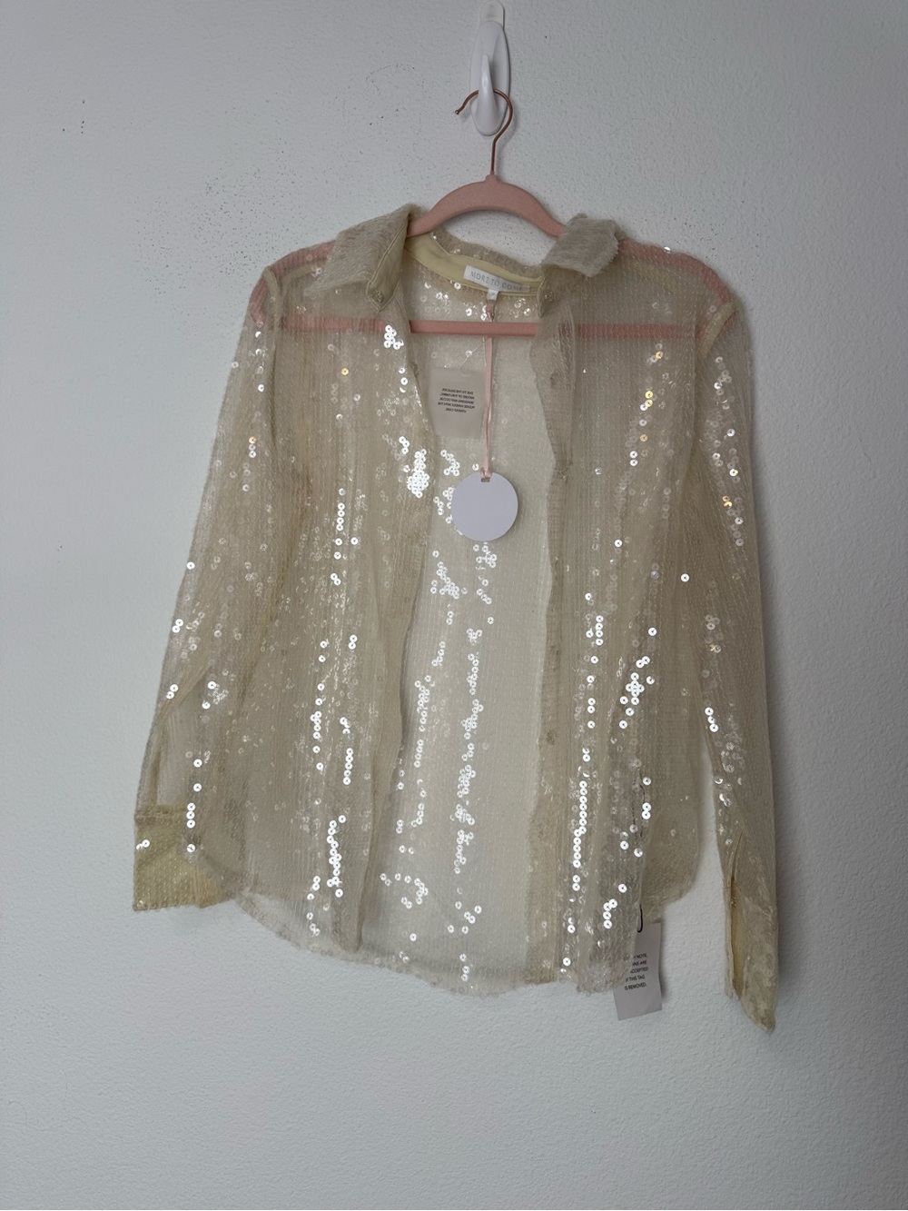 More To Come Sequin Sheer Button Down Shirt Ivory NWT Statement Party Top